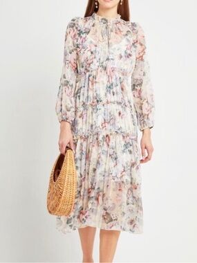 O.P.T. Felicity Sheer Floral Tiered Tassel Midi Dress